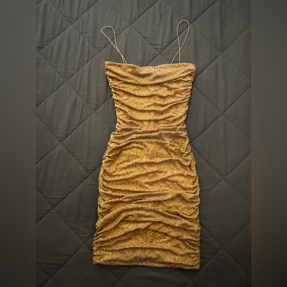 Fashion Nova Rare Diamond Rhinestone Ruched Mini Dress - Nude - Picture 3 of 13